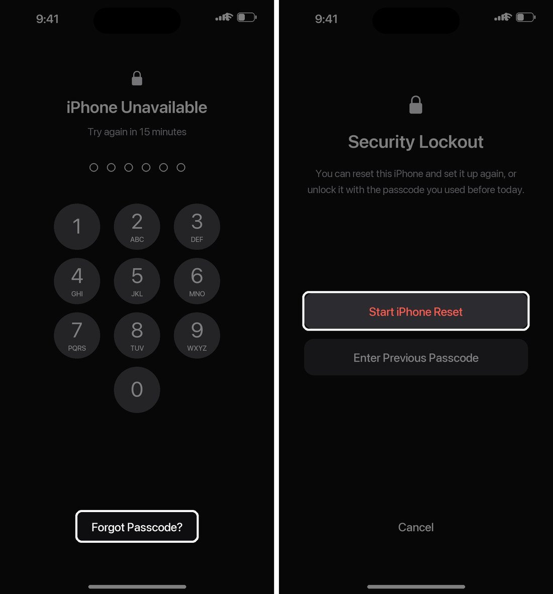 iPhone Unavailable screen with the Forgot Passcode button, and the Security Lockout screen