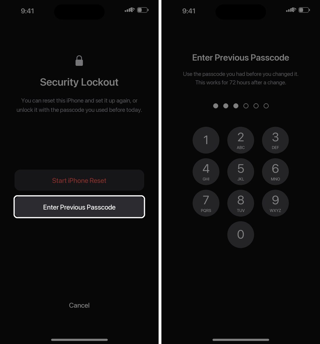 Security Lockout screen with Enter Previous Passcode selected and the old passcode being typed