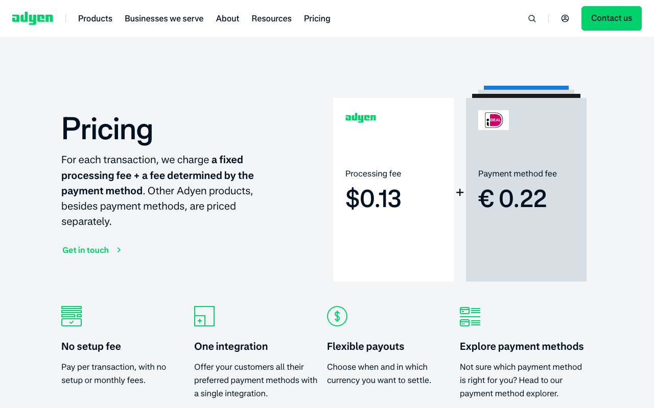 Adyen pricing page showing the fixed processing fee and per payment method fees