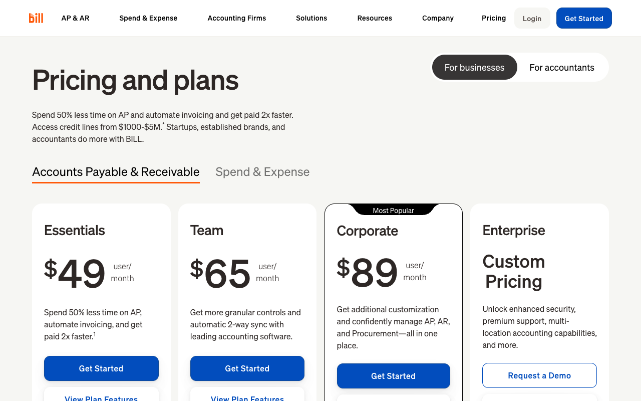 BILL pricing page showing Essentials, Team and Corporate plans with per-user monthly prices
