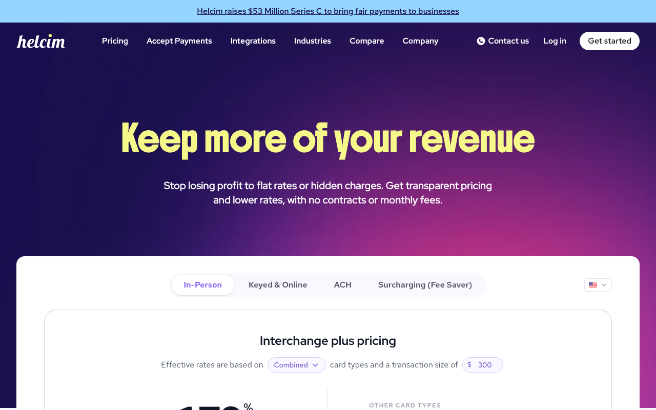 Helcim pricing page listing zero monthly, cancellation and PCI compliance fees