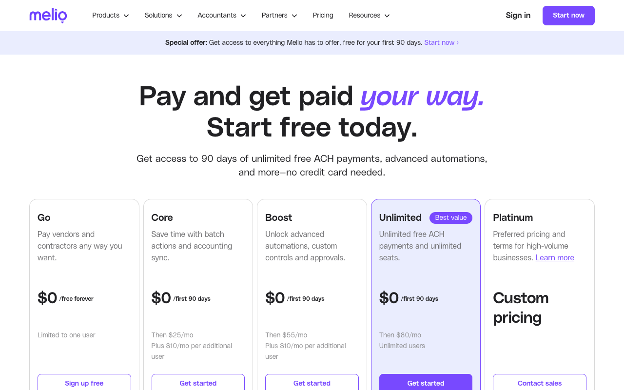Melio pricing page showing the free Go plan alongside Core, Boost and Unlimited tiers