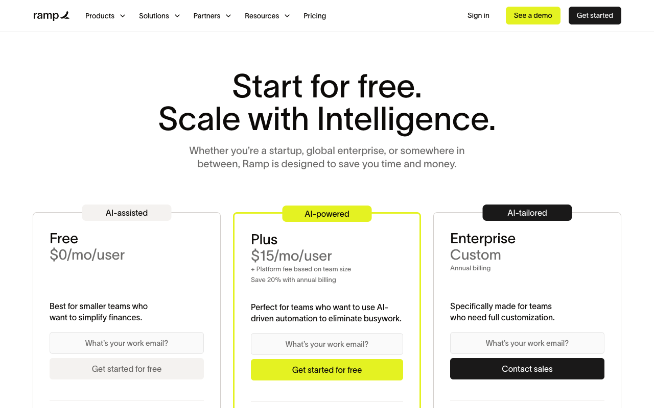Ramp pricing page showing the free plan, Plus at fifteen dollars per user and Enterprise