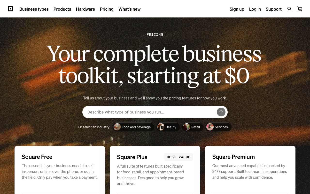 Square pricing page showing the free plan and the processing fees for each tier