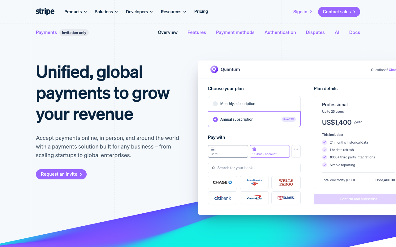 Stripe payments page describing global card processing for businesses