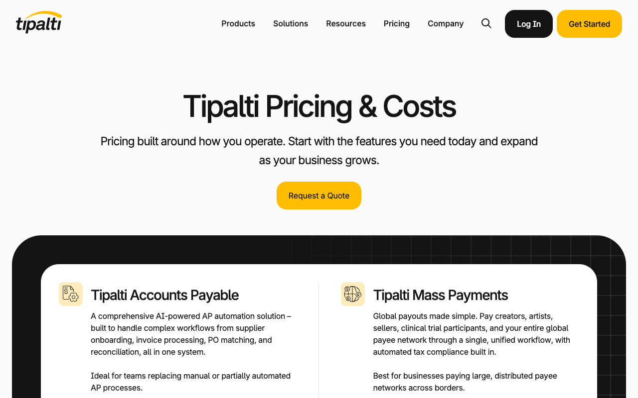 Tipalti pricing page showing Accounts Payable and Mass Payments starting prices