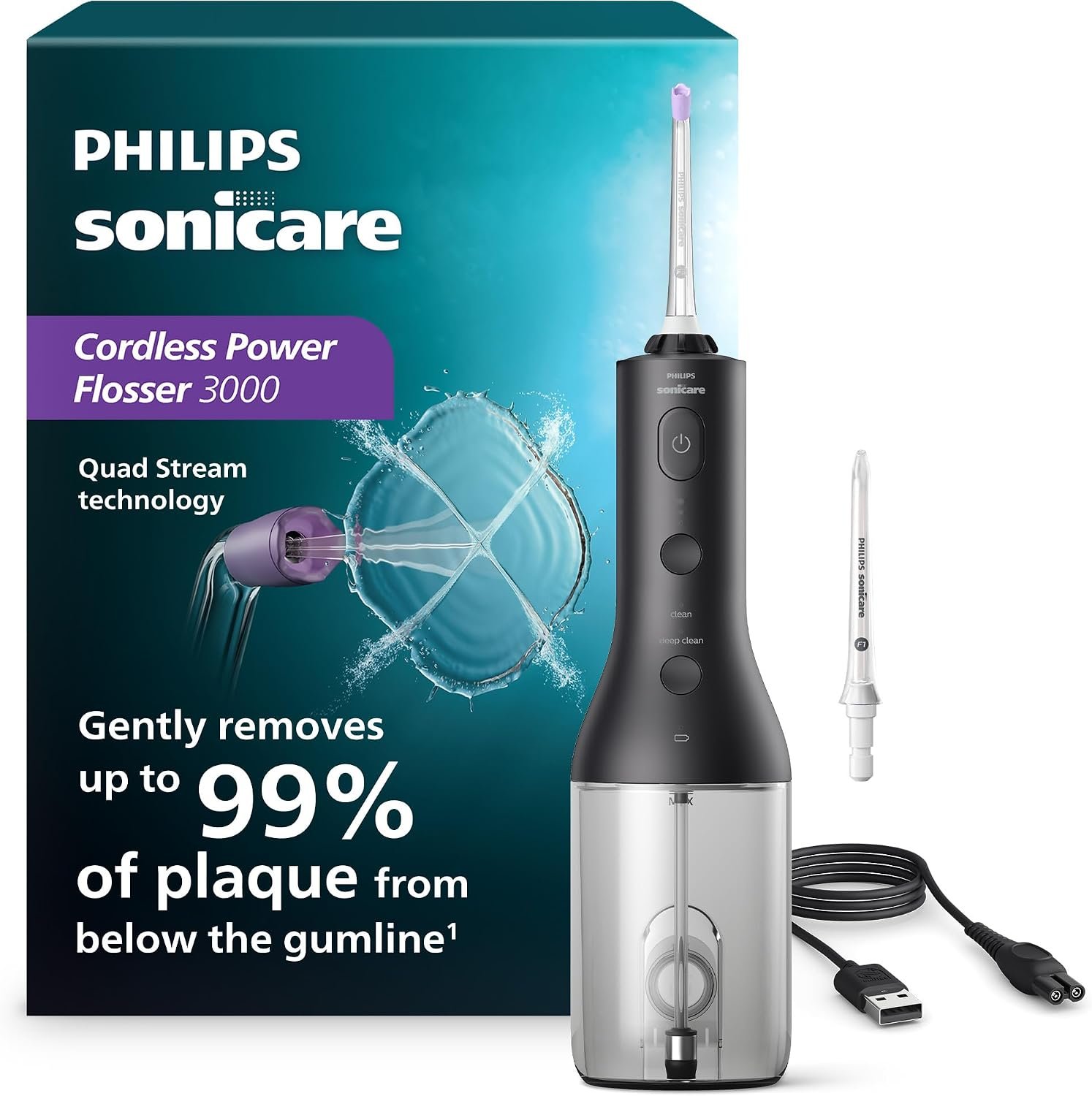 Philips Sonicare Cordless Power Flosser 3000 water flosser with two nozzles