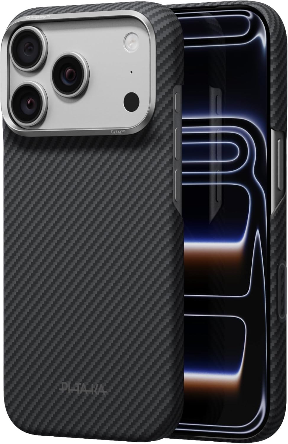 PITAKA aramid fiber case for iPhone 18 Pro in black and grey twill