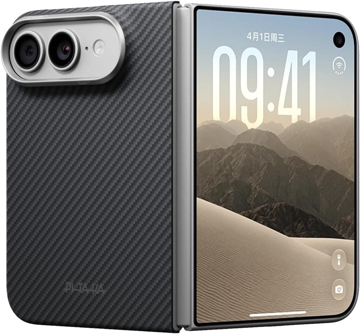 PITAKA aramid fiber iPhone Duo case in black and grey twill, back view