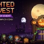 Pixel Lineage Haunted Harvest event banner with a pumpkin king and a moonlit field