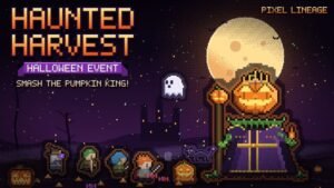 Pixel Lineage Haunted Harvest event banner with a pumpkin king and a moonlit field
