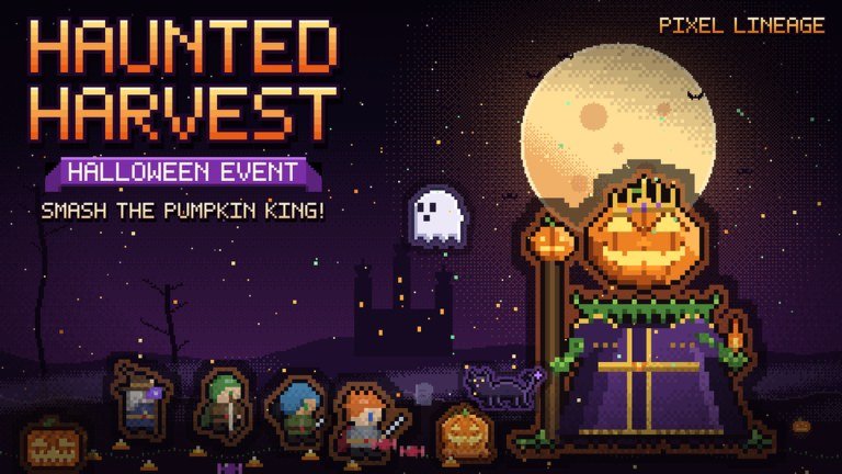 Pixel Lineage Haunted Harvest event banner with a pumpkin king and a moonlit field
