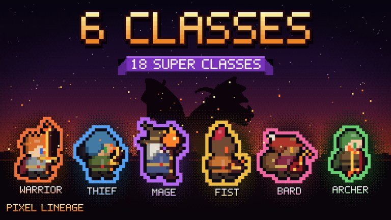 Six Pixel Lineage starting classes shown as pixel art portraits in a row