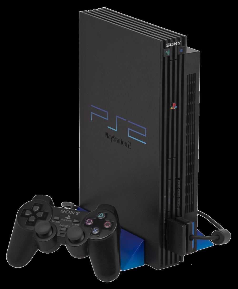 Original PlayStation 2 console standing upright with a DualShock 2