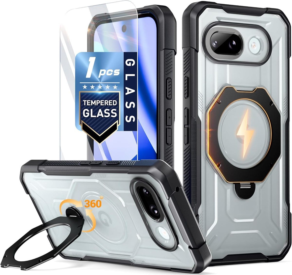 Poetic Pixel 10a case in black and clear with magnetic ring kickstand