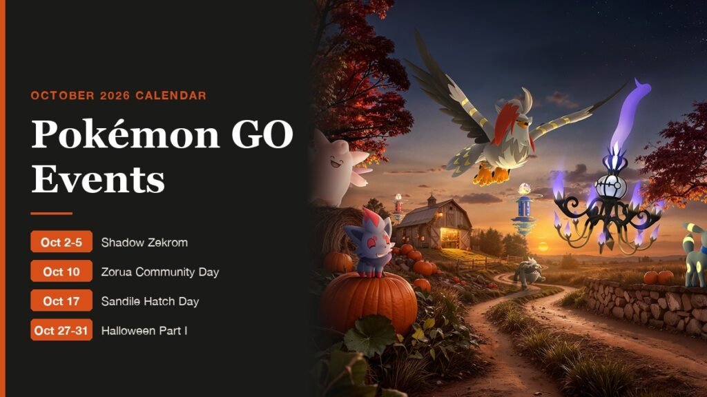 Pokémon GO Events October 2026 graphic with Zorua and Mega Chandelure in an autumn pumpkin field