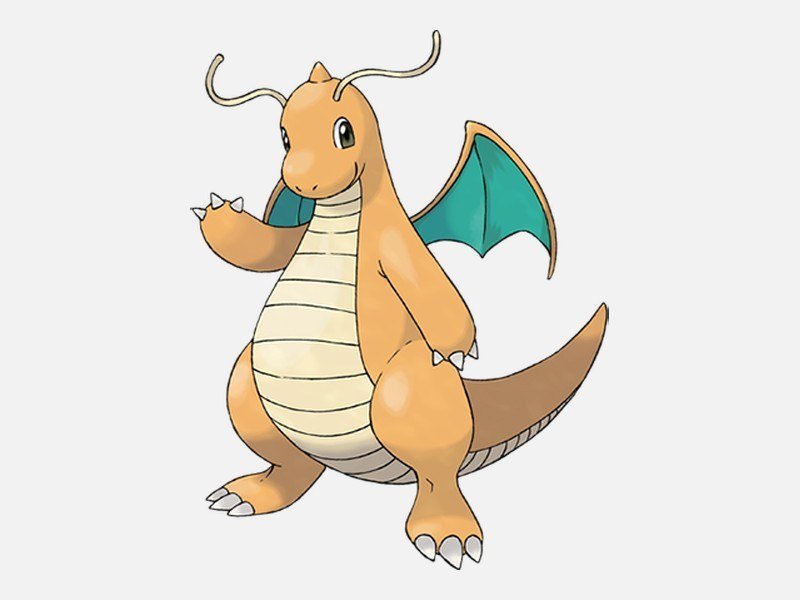 Official artwork of Dragonite, a Dragon/Flying-type Pokémon