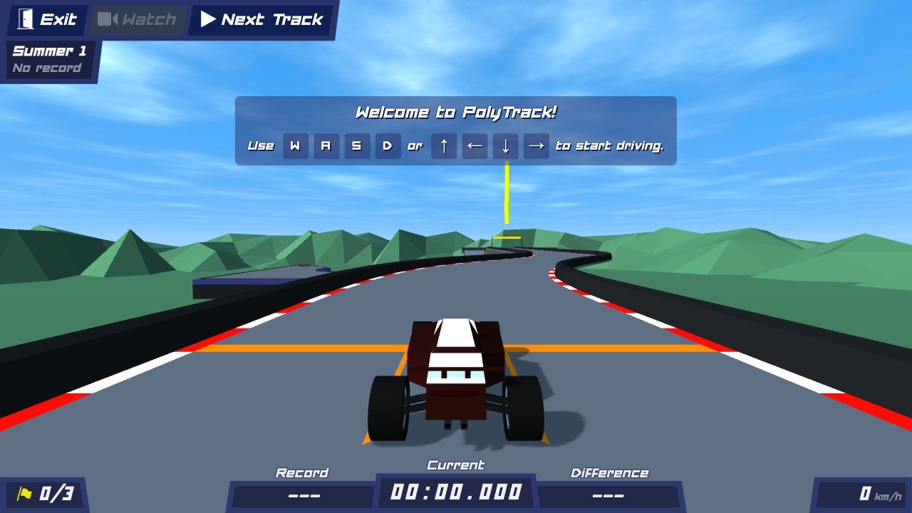 PolyTrack gameplay showing a low poly formula car on the Summer 1 circuit