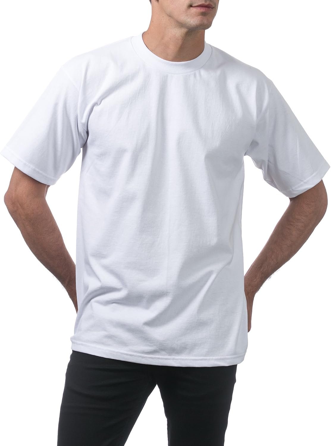 Man wearing a white Pro Club heavyweight cotton t-shirt with the sleeves sitting near the elbow