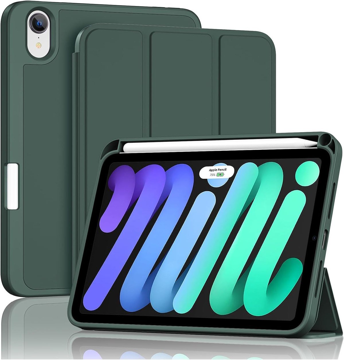 ProCase slim case for the iPad mini in green with an Apple Pencil held in the built-in holder