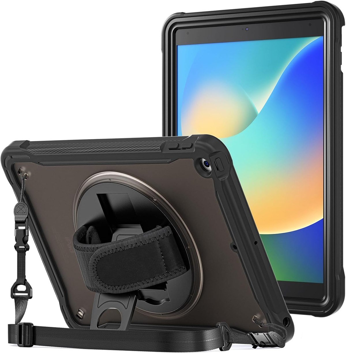 ProCase rugged kids case for the 10.2-inch iPad with a rotating hand grip and shoulder strap