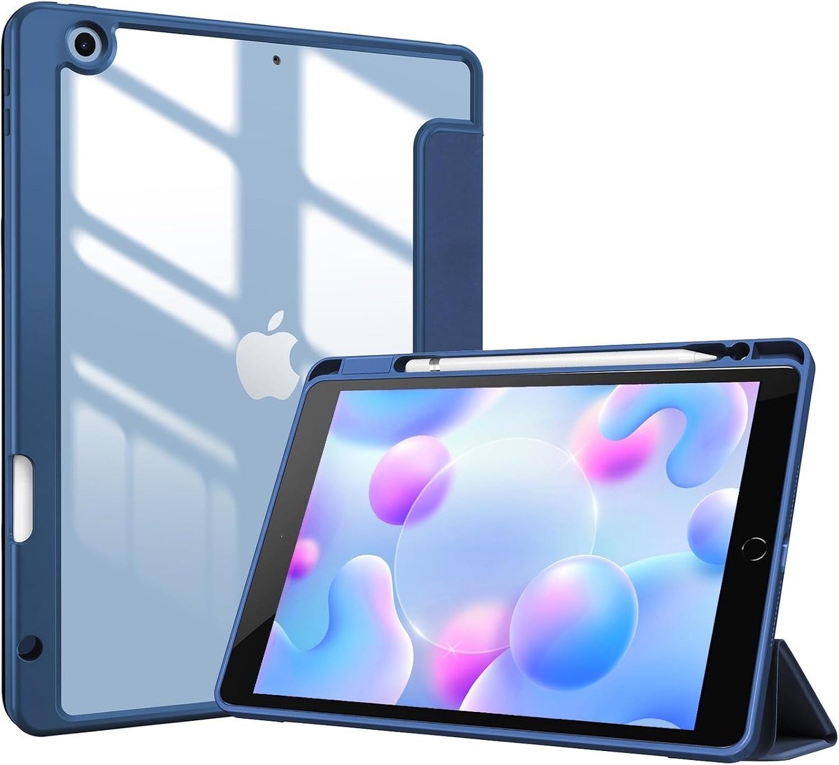 ProCase slim case for the 10.2-inch iPad in navy with a clear back and pencil holder
