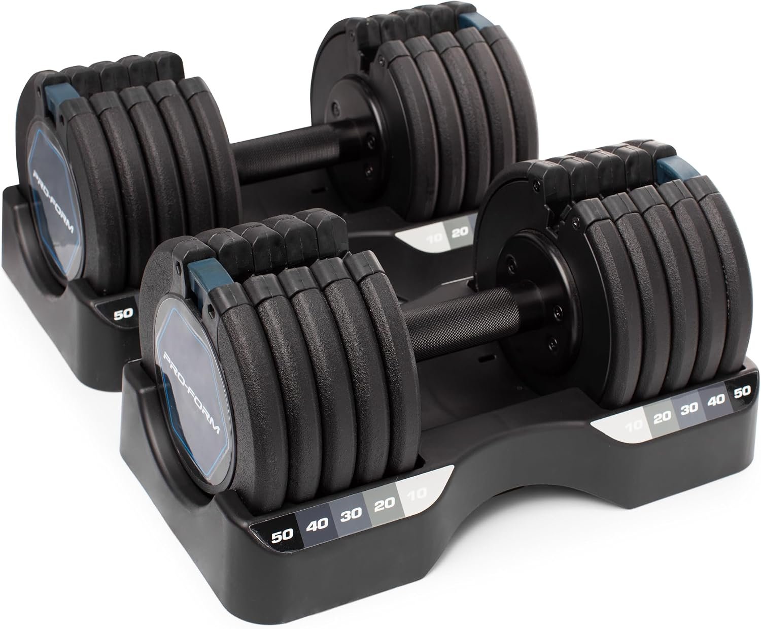 Proform Rapid Adjust adjustable dumbbells in steel with storage trays