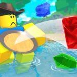 Prospector in a cowboy hat panning a river as red and green gems fly out on Roblox