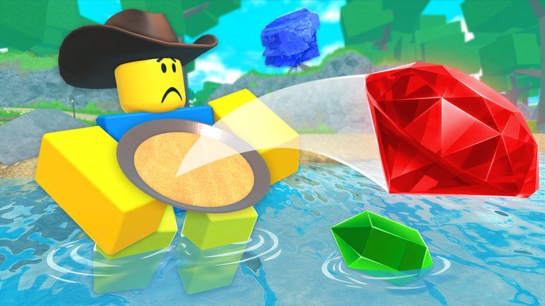 Prospector in a cowboy hat panning a river as red and green gems fly out on Roblox