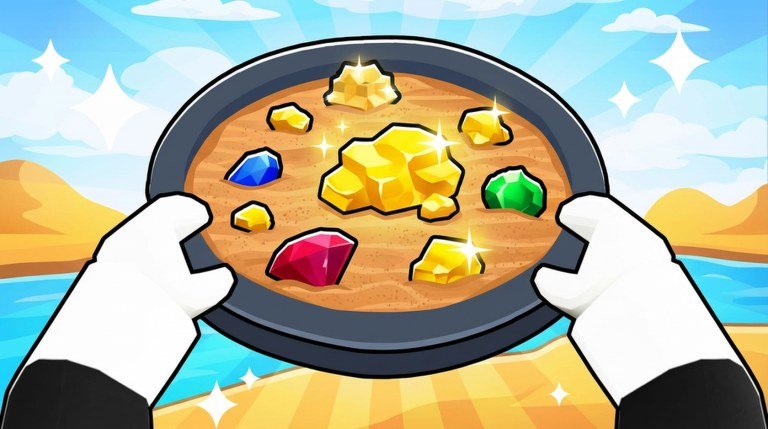 Gloved hands holding a pan of gold nuggets and colored gems in Prospecting on Roblox