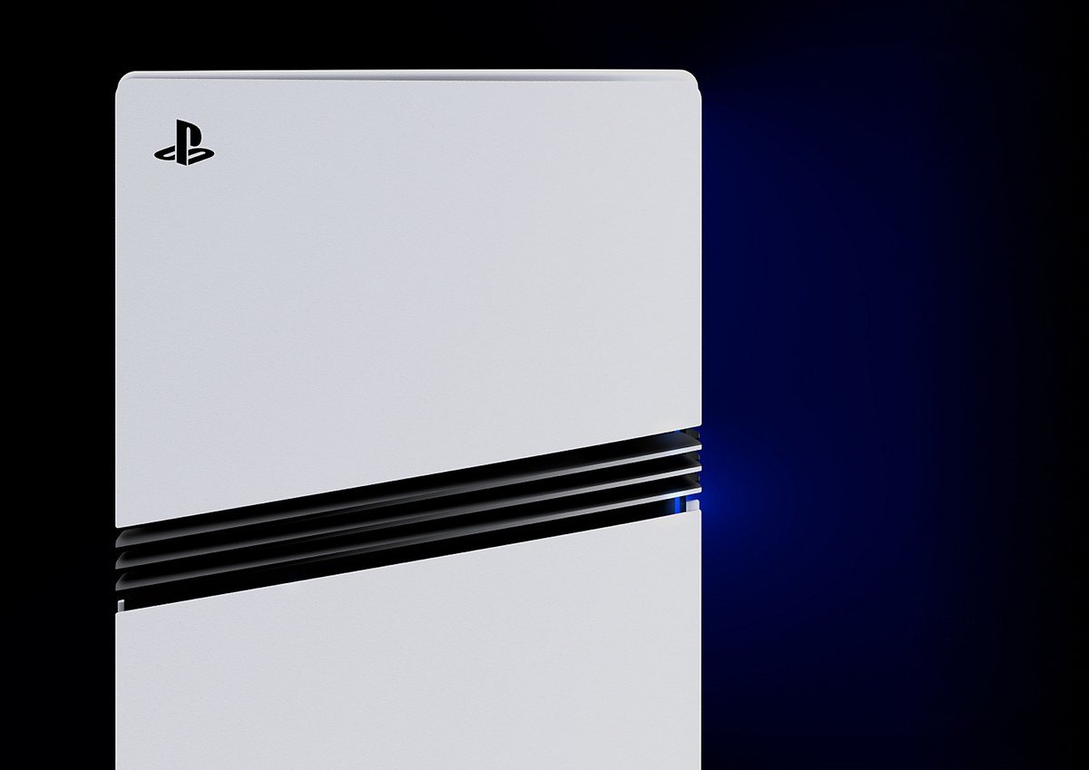 Close view of the PS5 Pro white side panel and black vents lit in blue