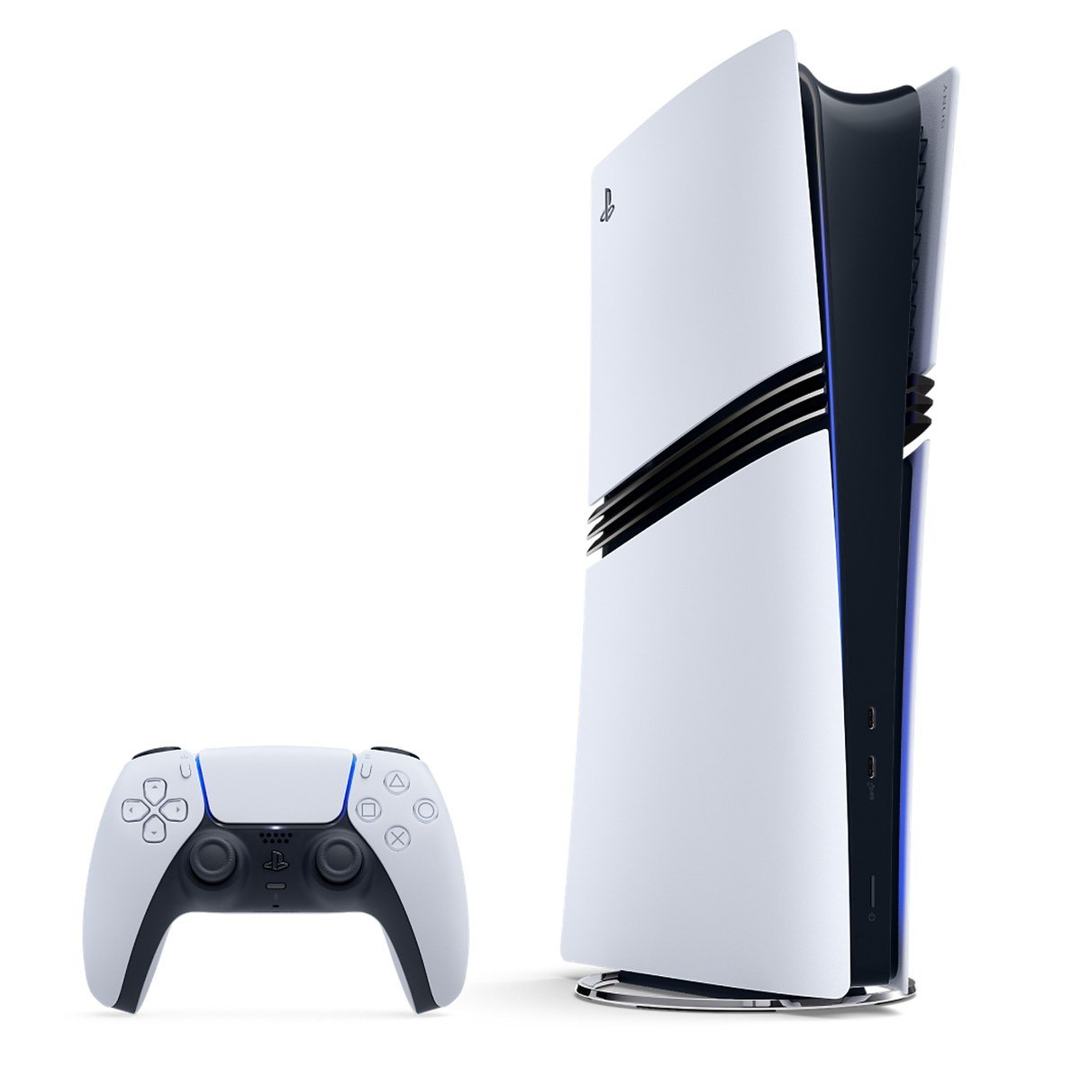 PS5 Pro console standing upright beside a DualSense controller