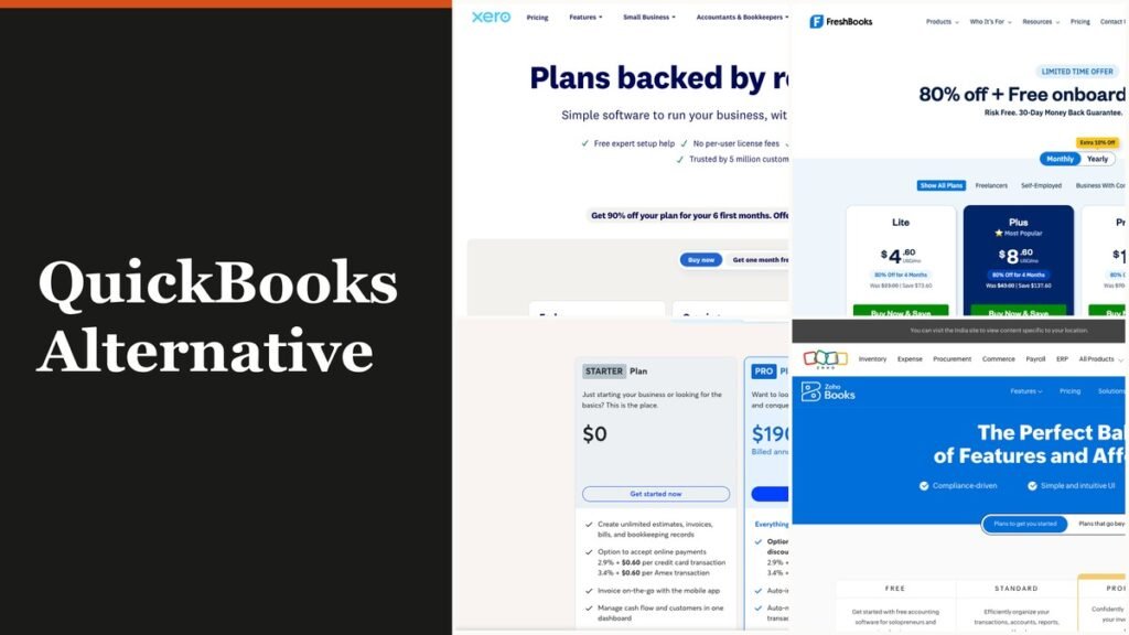 Ten QuickBooks alternative platforms shown on their own pricing pages