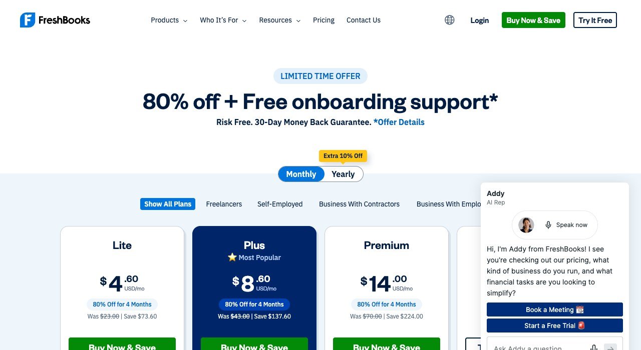FreshBooks pricing page showing the Lite, Plus, Premium and Select plans