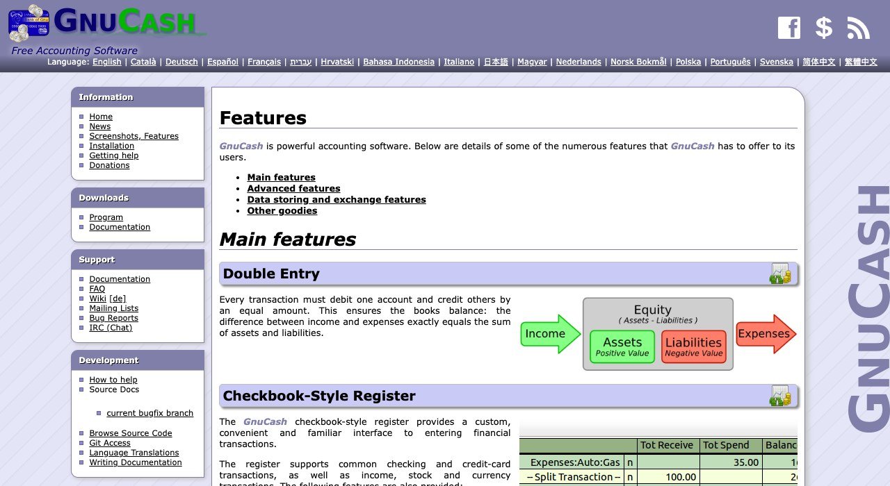 GnuCash features page describing its double-entry accounting and reporting tools