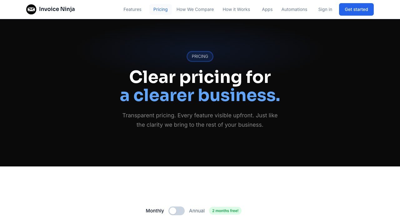 Invoice Ninja pricing page showing the Free, Pro and Enterprise plans