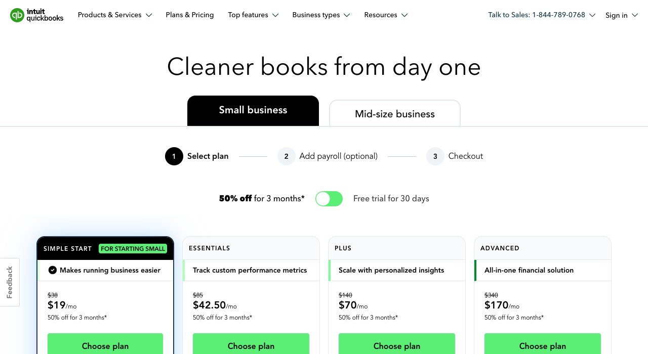 QuickBooks Online pricing page showing the Simple Start, Essentials, Plus and Advanced plans