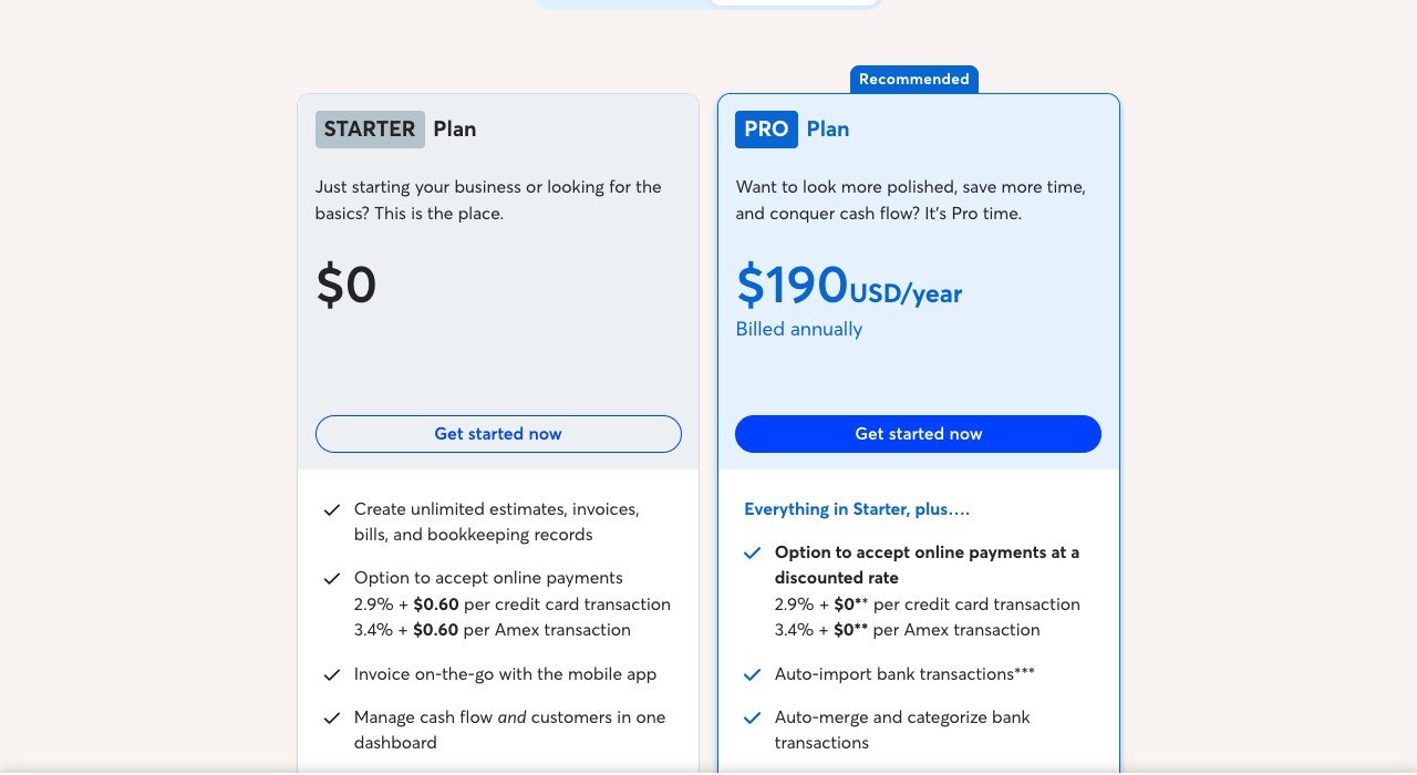 Wave pricing page showing the free Starter plan beside the Pro plan at 190 dollars a year