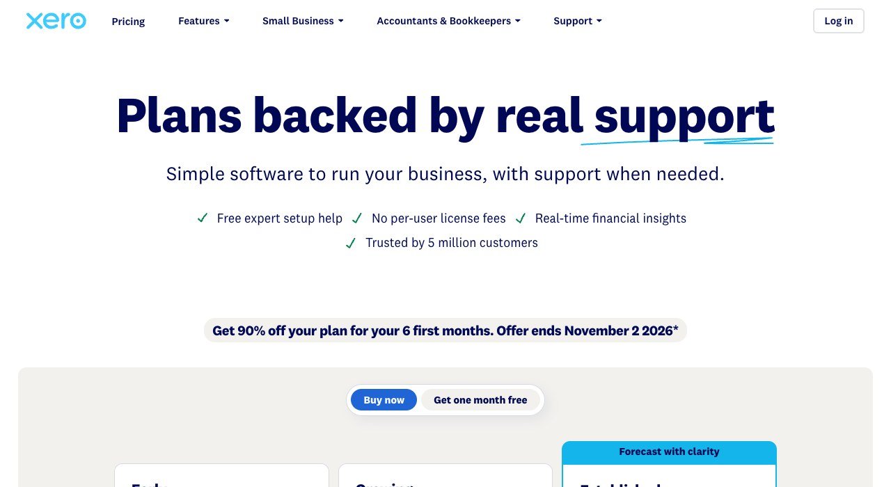 Xero US pricing page showing the Early, Growing and Established plans with monthly prices