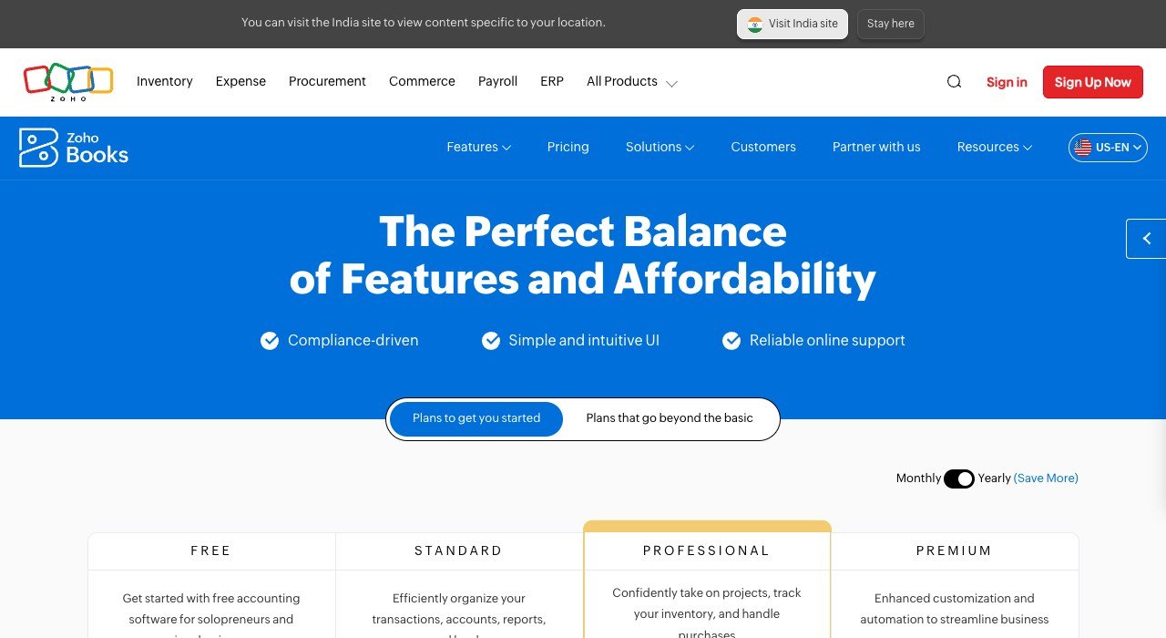 Zoho Books pricing page showing the Free, Standard, Professional and Premium plans