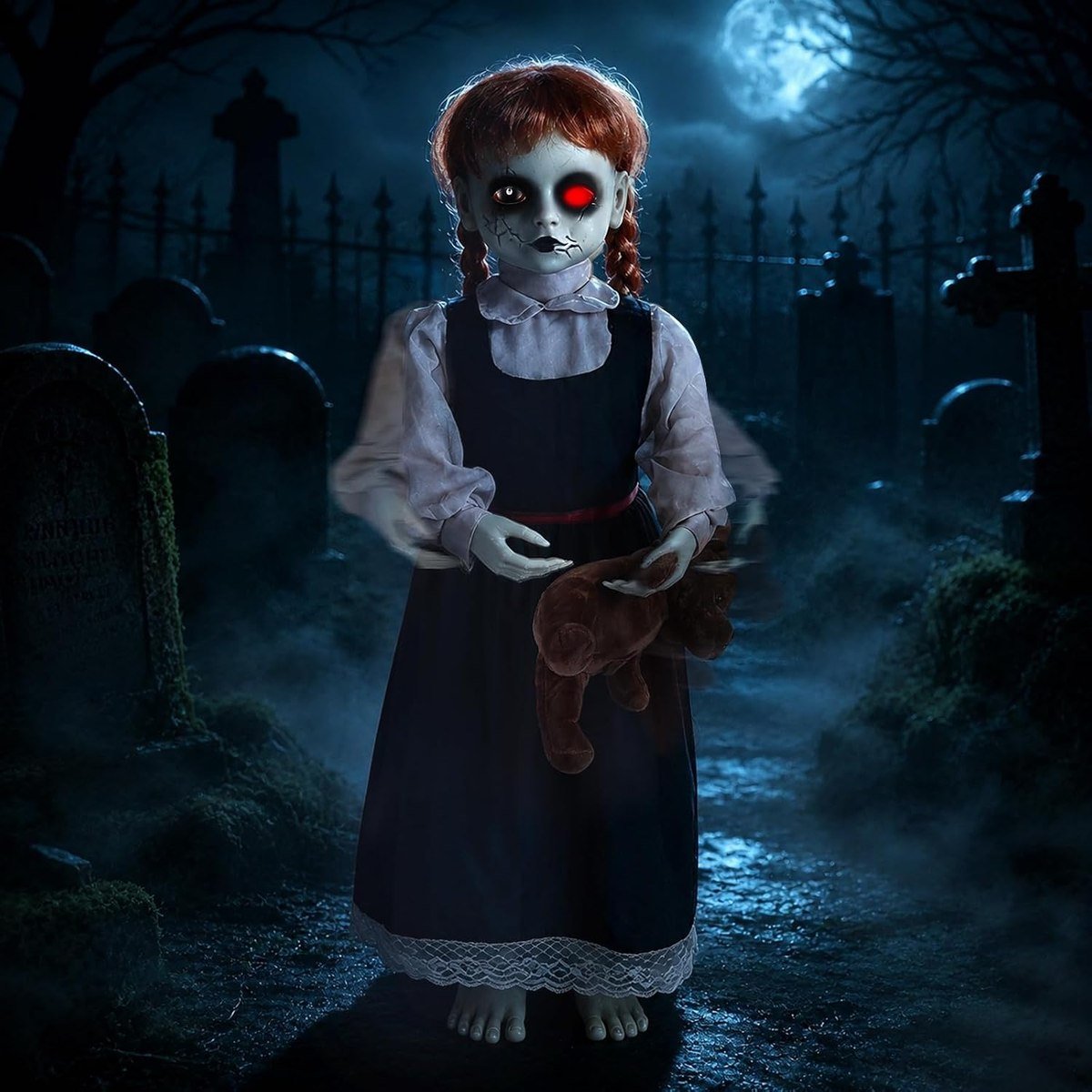 Quntis 35-inch haunted girl animatronic holding a teddy bear with one glowing red eye