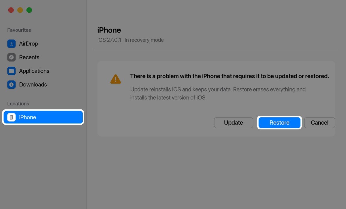 Finder showing an iPhone in recovery mode with the Update and Restore buttons