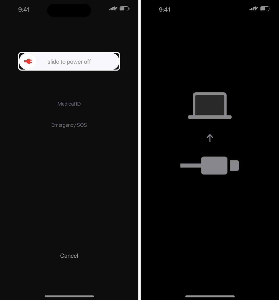 iPhone slide to power off screen next to the recovery mode screen showing a laptop and a cable