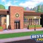 A brick restaurant with outdoor seating and planters beside the Restaurant Tycoon 3 logo