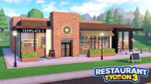A brick restaurant with outdoor seating and planters beside the Restaurant Tycoon 3 logo