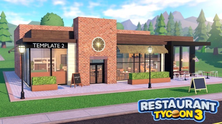 A brick restaurant with outdoor seating and planters beside the Restaurant Tycoon 3 logo