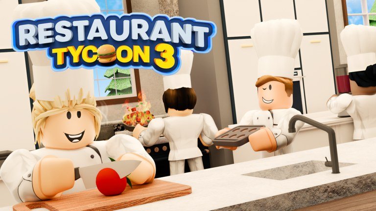 Characters in chef whites cooking behind a kitchen counter beneath the Restaurant Tycoon 3 logo