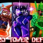 Retro Tower Defense logo artwork with the hero roster on Roblox