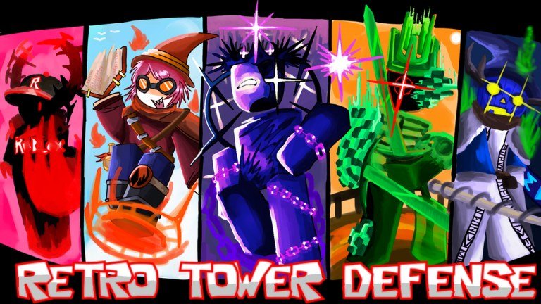 Retro Tower Defense logo artwork with the hero roster on Roblox