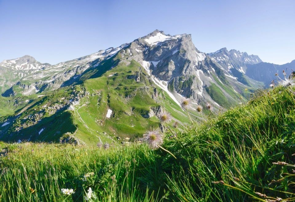 Grassy Alpine slope below a rocky snow-dusted peak in Liechtenstein